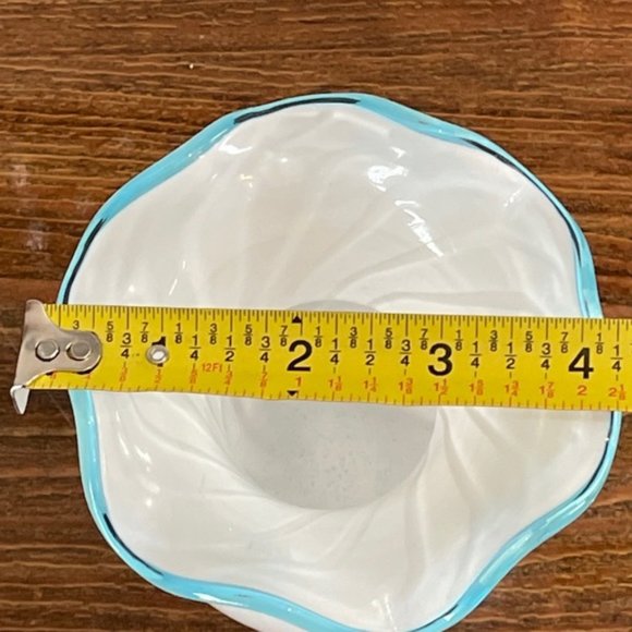 White Glass Vase  Swirl with Blue Ruffle Rim - Picture 10 of 12